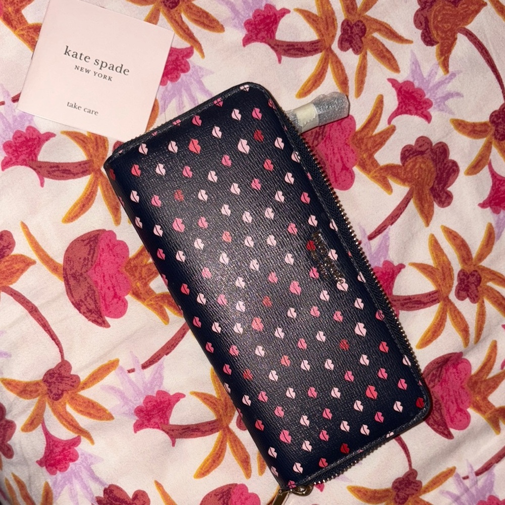 Kate Spade Black Wallet with Pink and Red Hearts